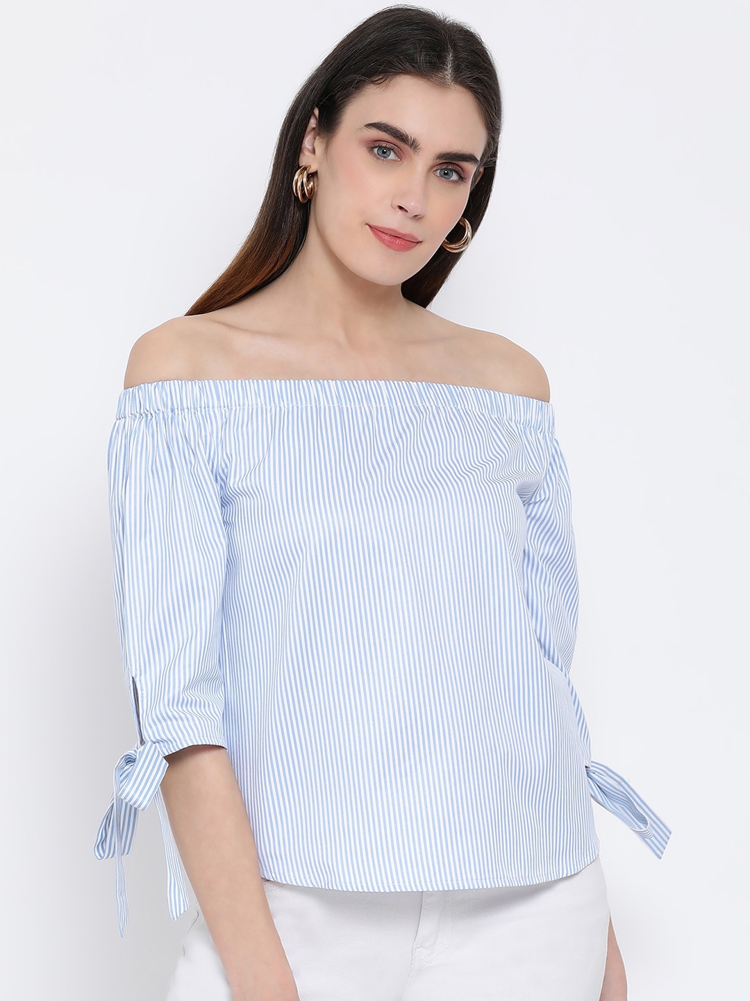 Oxolloxo Blue & White Striped Off-shoulder Bardot Top