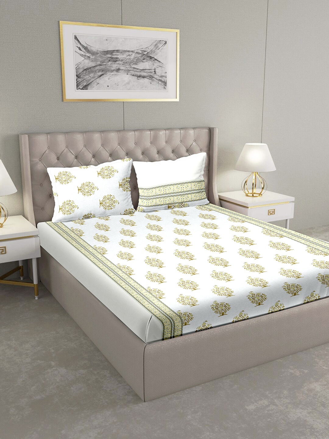 BELLA CASA Off-White & Green Ethnic Motifs 124 TC Cotton 1 King Bedsheet with 2 Pillow Covers
BELLA CASA Off-White & Green Ethnic Motifs 124 TC Cotton 1 King Bedsheet with 2 Pillow Covers