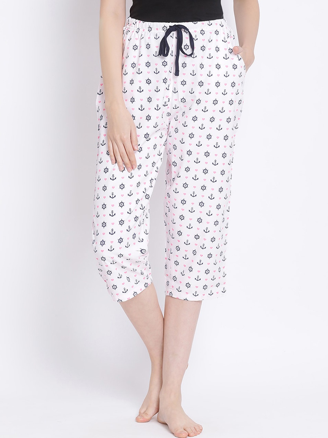 Kanvin Women Pink & White Printed Lounge Capris