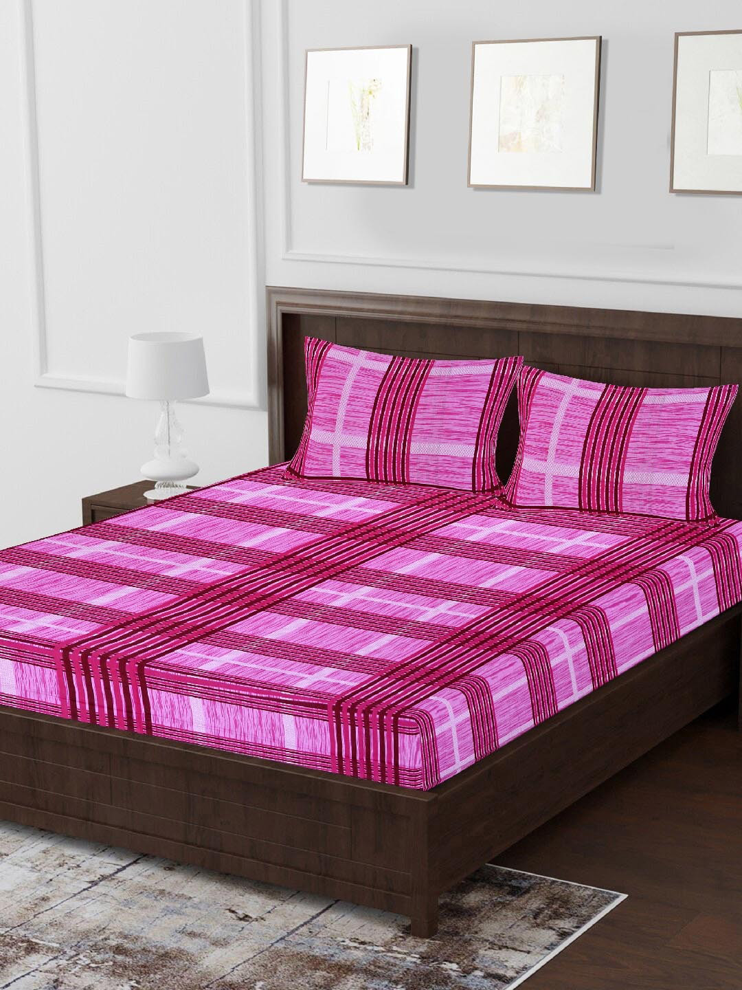 Tistabene Pink & Maroon Geometric 180 TC Cotton 1 King Bedsheet with 2 Pillow Covers