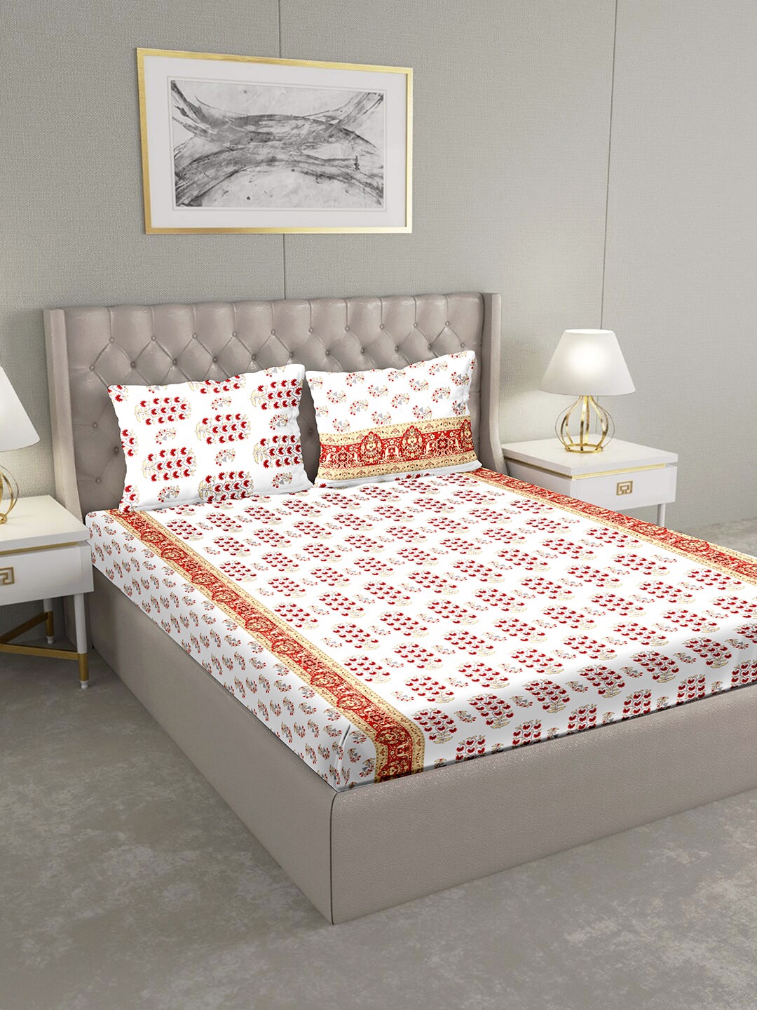 BELLA CASA White & Red Ethnic Motifs 124 TC Cotton 1 King Bedsheet with 2 Pillow Covers
BELLA CASA White & Red Ethnic Motifs 124 TC Cotton 1 King Bedsheet with 2 Pillow Covers