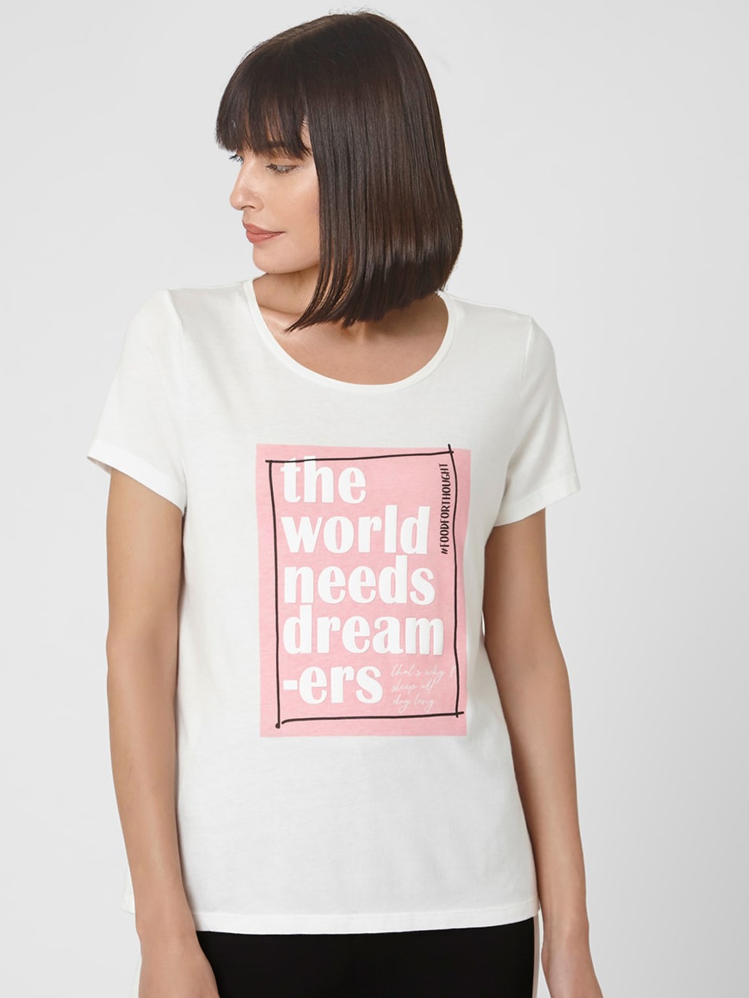 Vero Moda Women White Printed Round Neck T-shirt