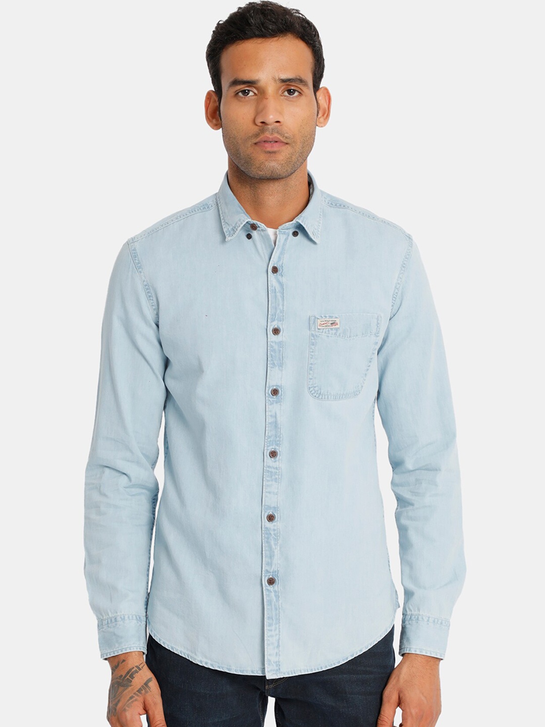 U.S. Polo Assn.. Men Blue Regular Fit Solid Cotton Casual Shirt