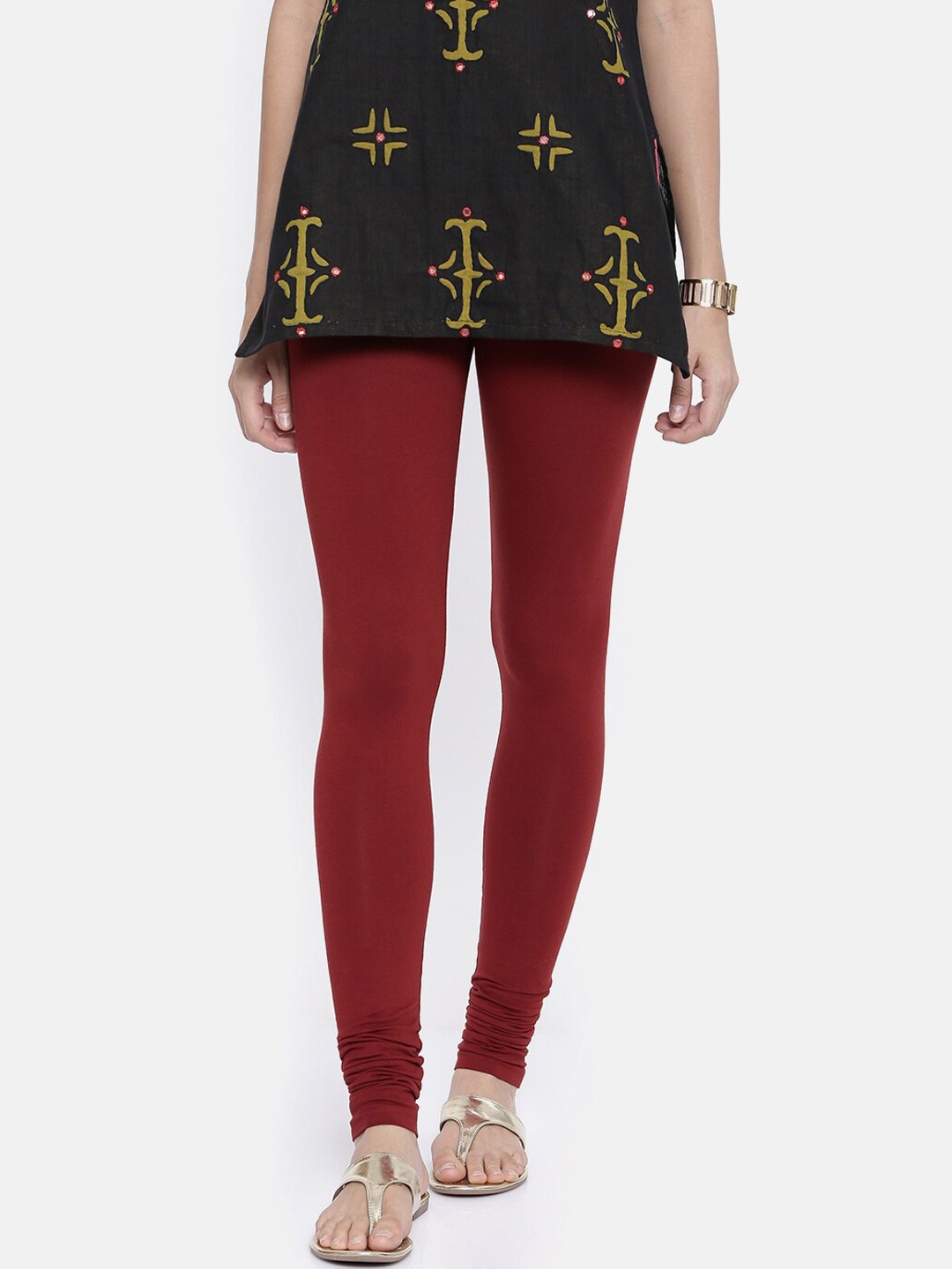 Bitz Women Red Solid Churidar-Length Organic Cotton Leggings