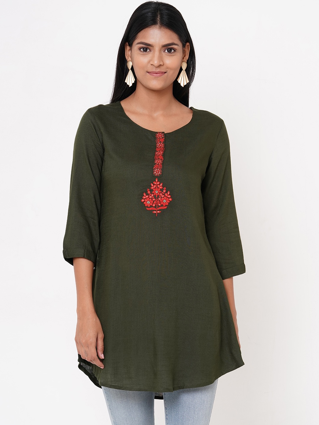 FASHOR Women Olive-Green Embroidered Sustainable A-Line Kurti
