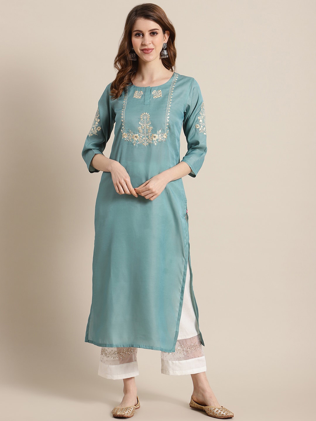 Varanga Women Sea Green Floral Embroidered Thread Work Kurta