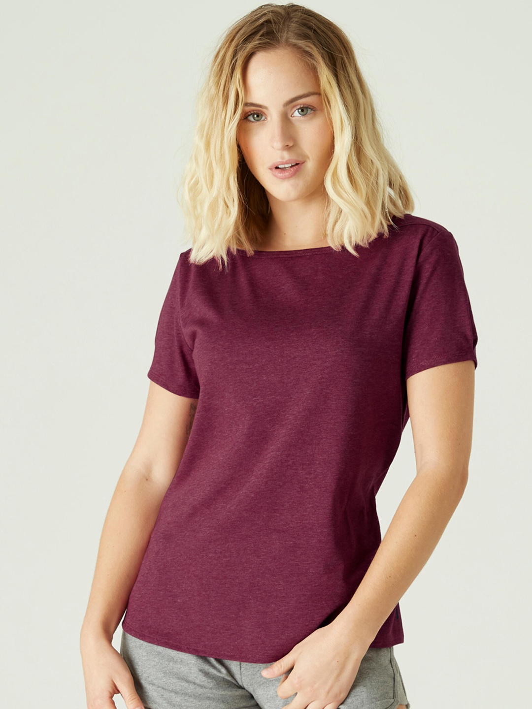 NYAMBA By Decathlon Women Purple Solid Boat Neck T-shirt