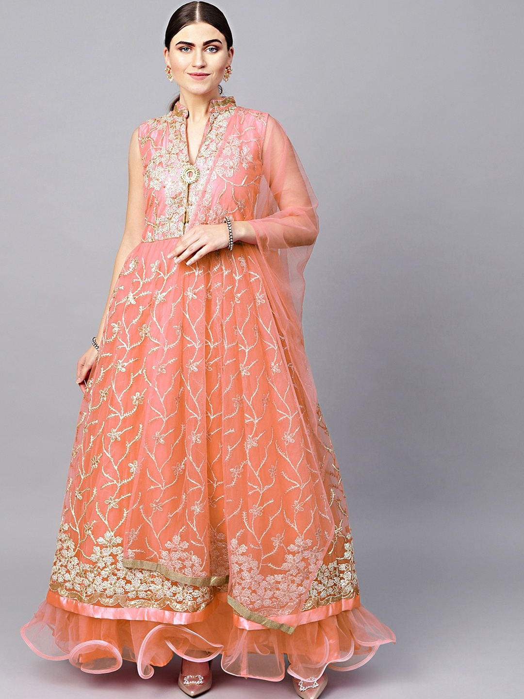 Chhabra 555 Women Peach-Coloured Embellished Maxi Dress