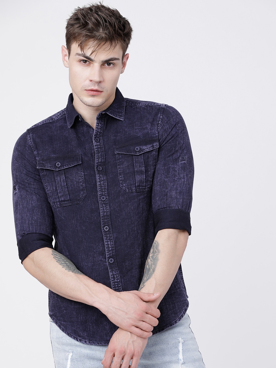 HIGHLANDER Men Navy Blue Slim Fit Solid Casual Shirt