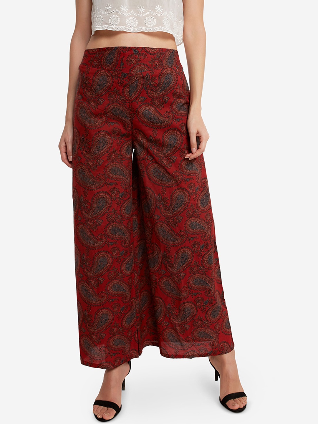 Desi Weavess Women Maroon & Teal Printed Wide Leg Palazzos
