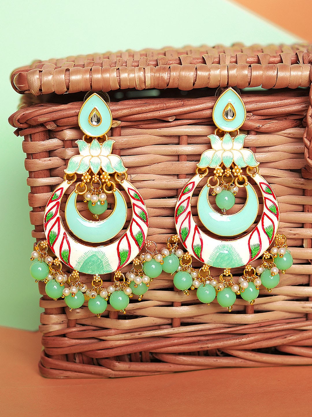 Yellow Chimes Woman Gold Plated Meenakari Floral Design Beads Chandbali Earrings, Green
Yellow Chimes Woman Gold Plated Meenakari Floral Design Beads Chandbali Earrings, Green