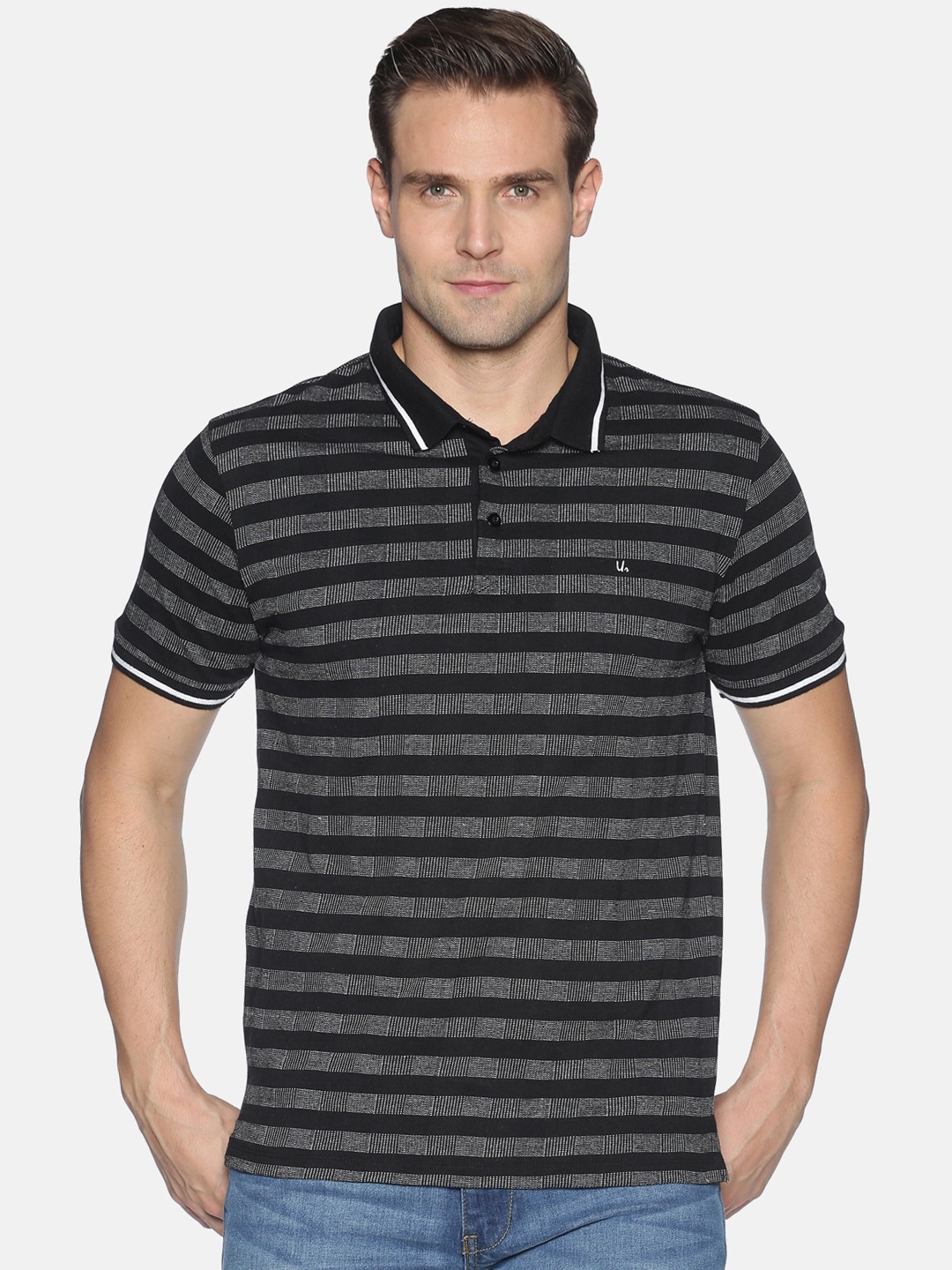 UrGear Men Black White Striped Cotton Polo Collar Pure Cotton T-shirt