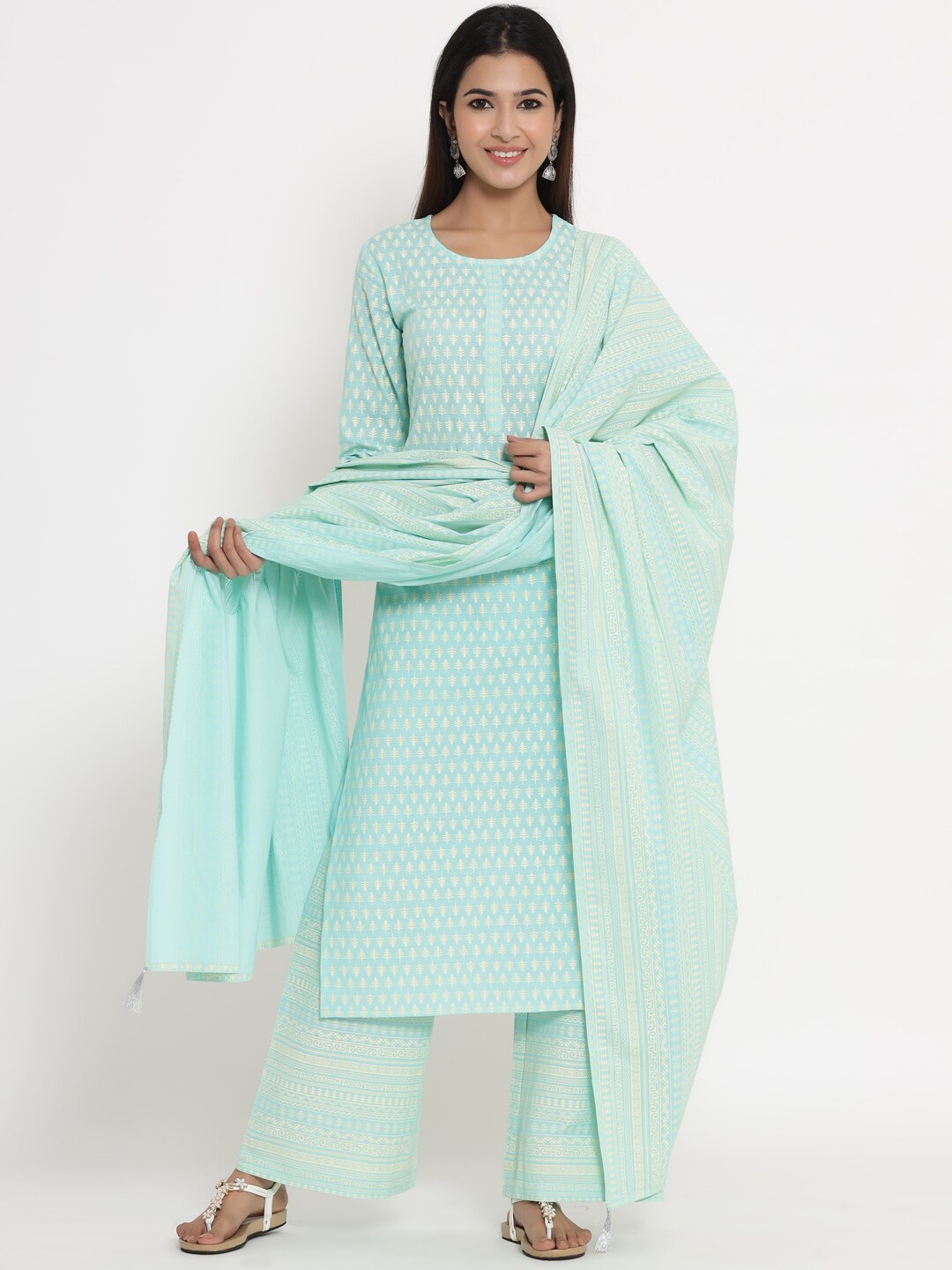 kipek Women Green Printed Kurta with Palazzos & Dupatta
