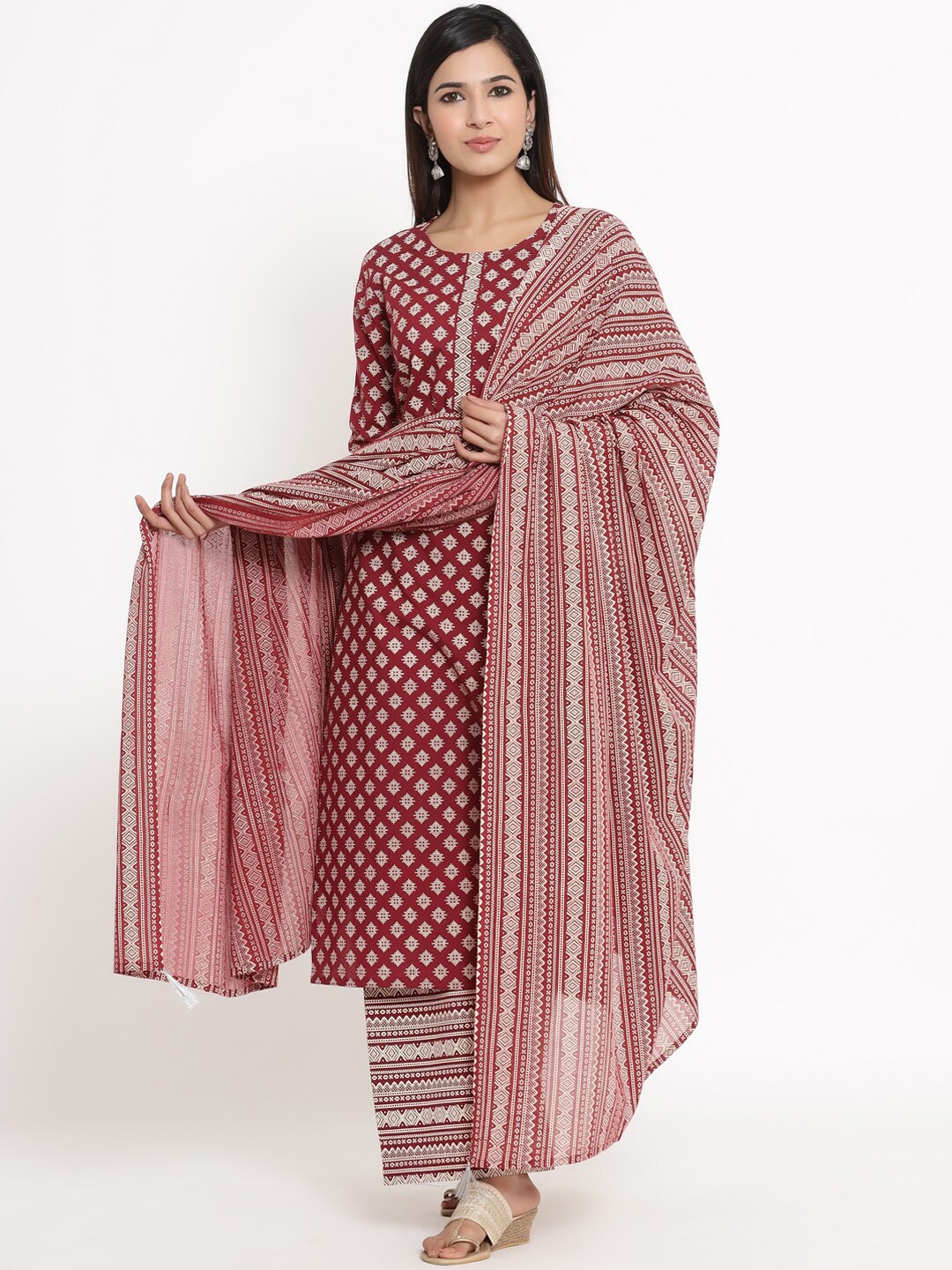 kipek Women Maroon & Off-White Printed Kurta with Palazzos & Dupatta