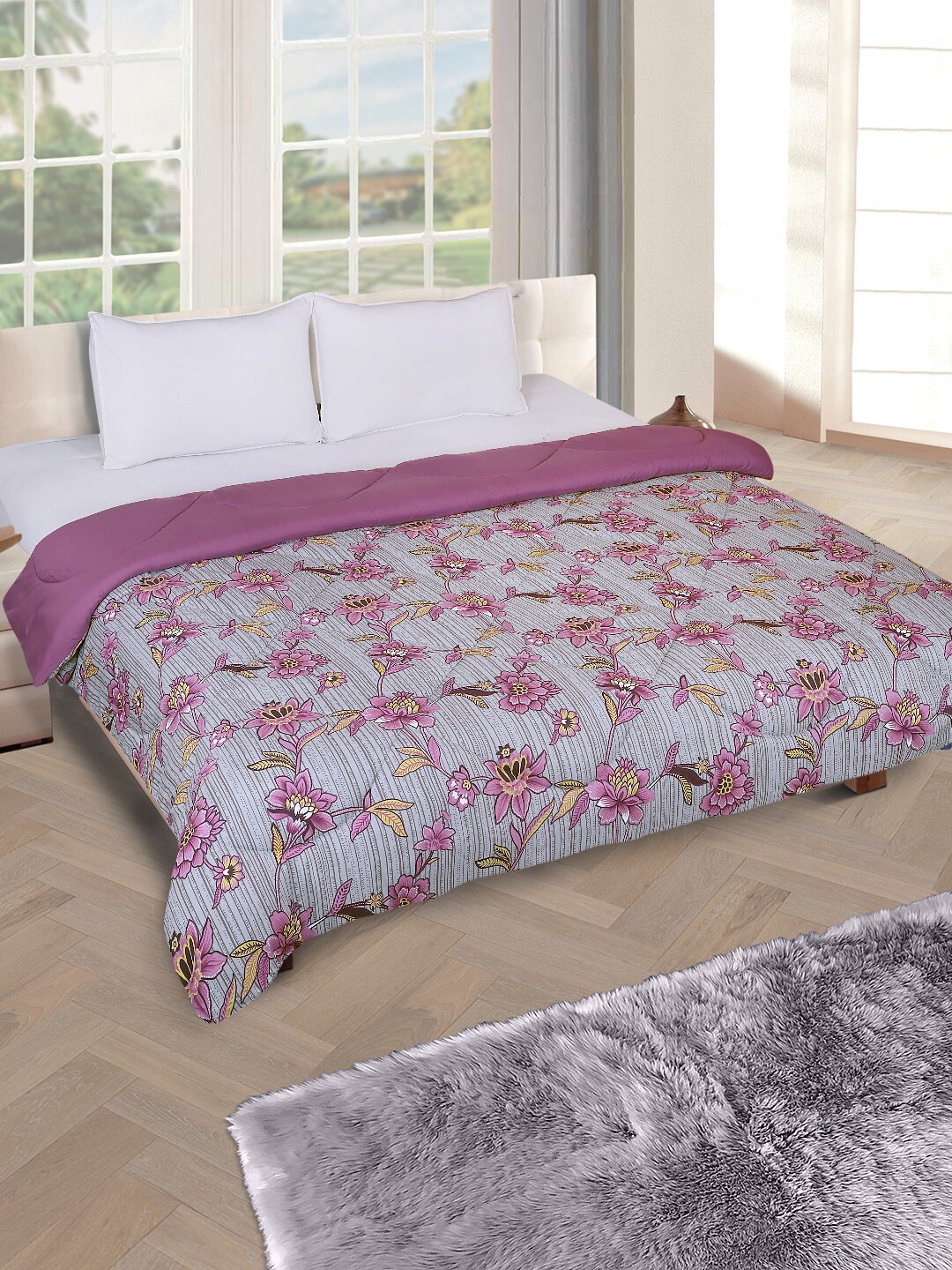 ROMEE Grey & Purple Floral AC Room 200 GSM Double Bed Comforter