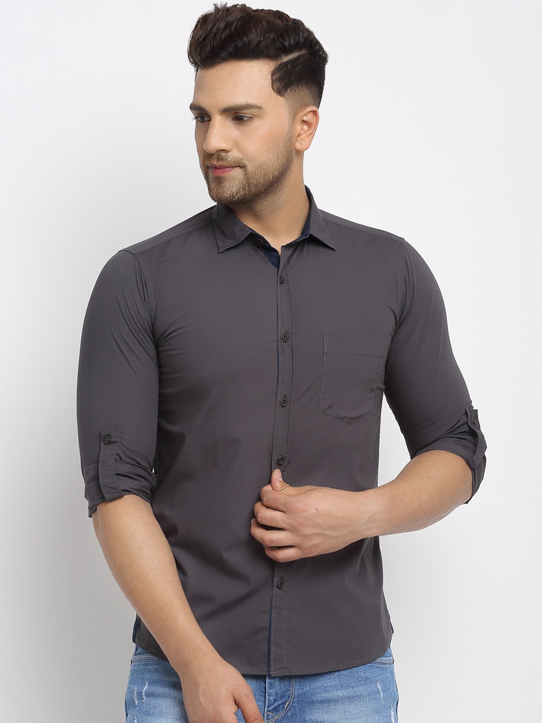 Cantabil Men Grey Slim Fit Solid Casual Shirt