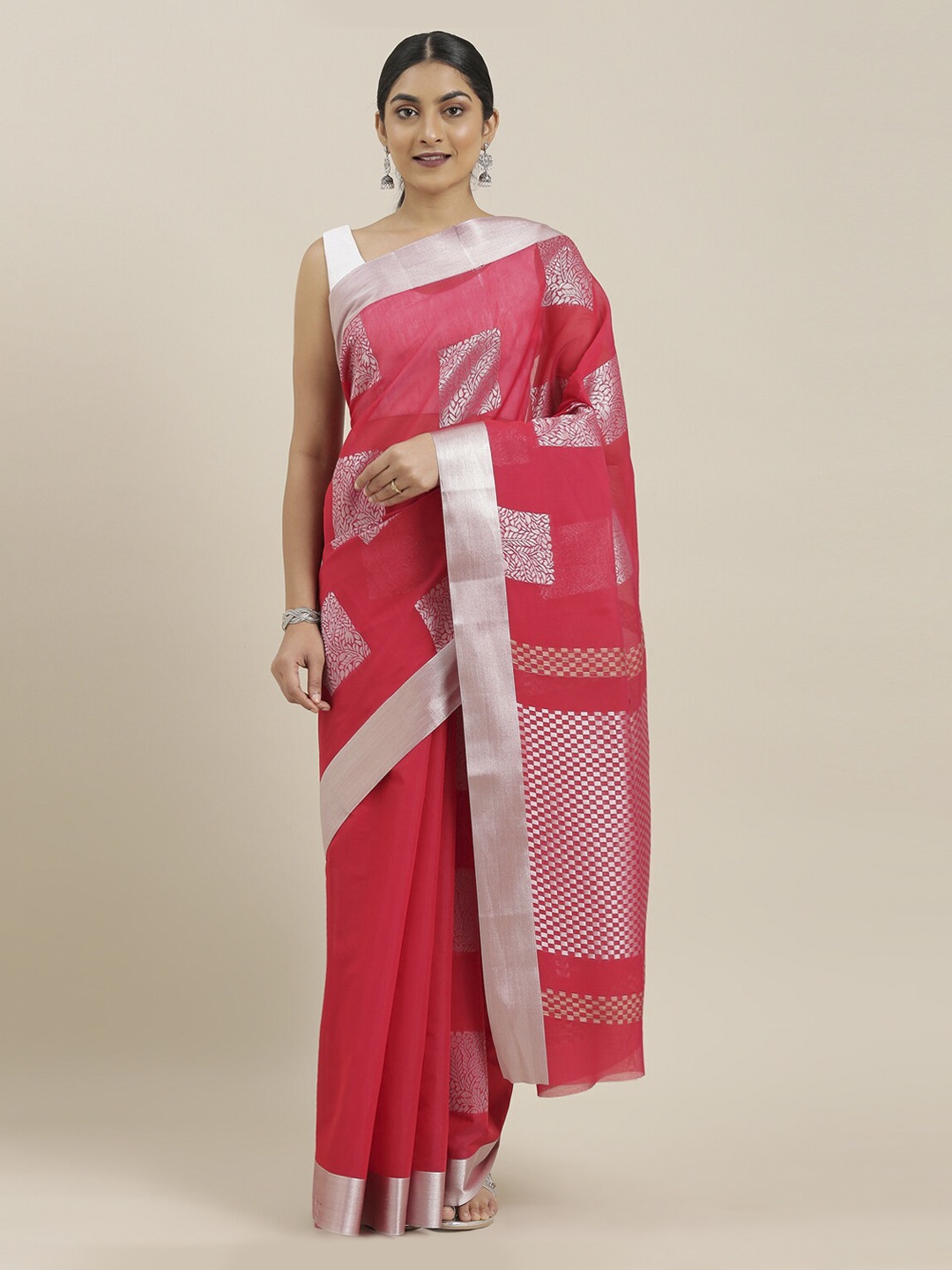 The Chennai Silks Red Silk Cotton Printed Maheshwari Saree