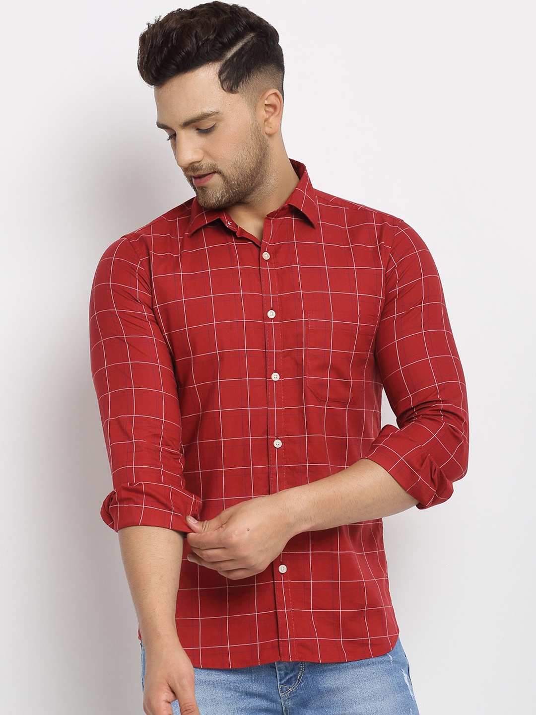 Cantabil Men Red Slim Fit Checked Casual Shirt