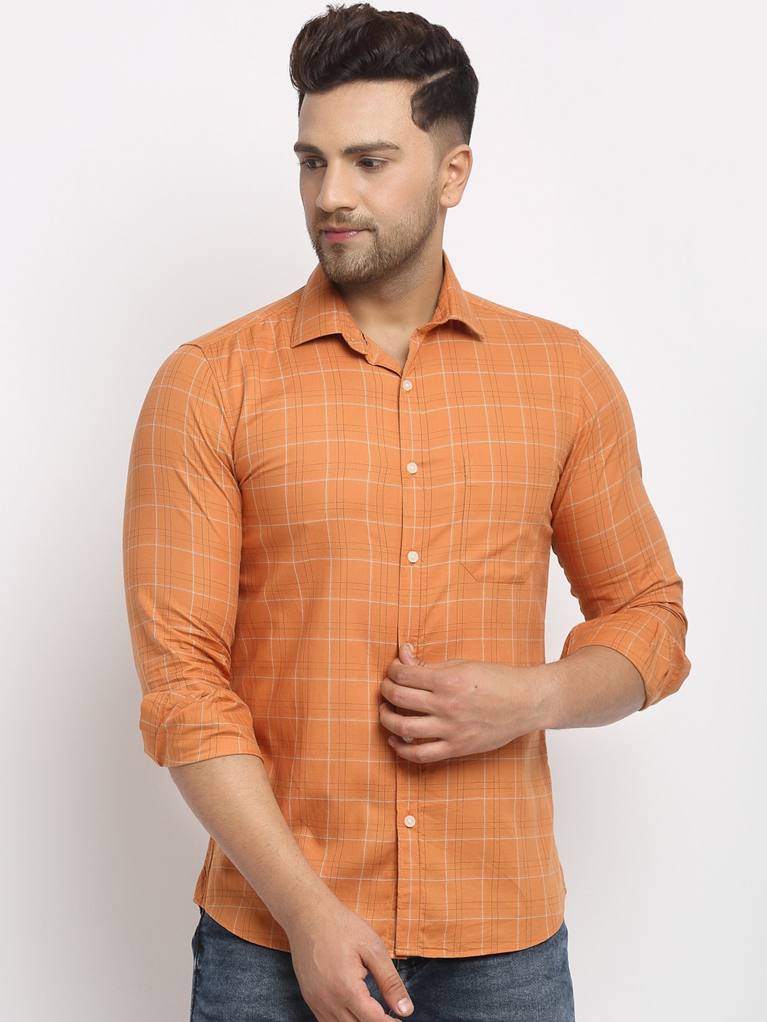 Cantabil Men Orange Slim Fit Checked Cotton Casual Shirt