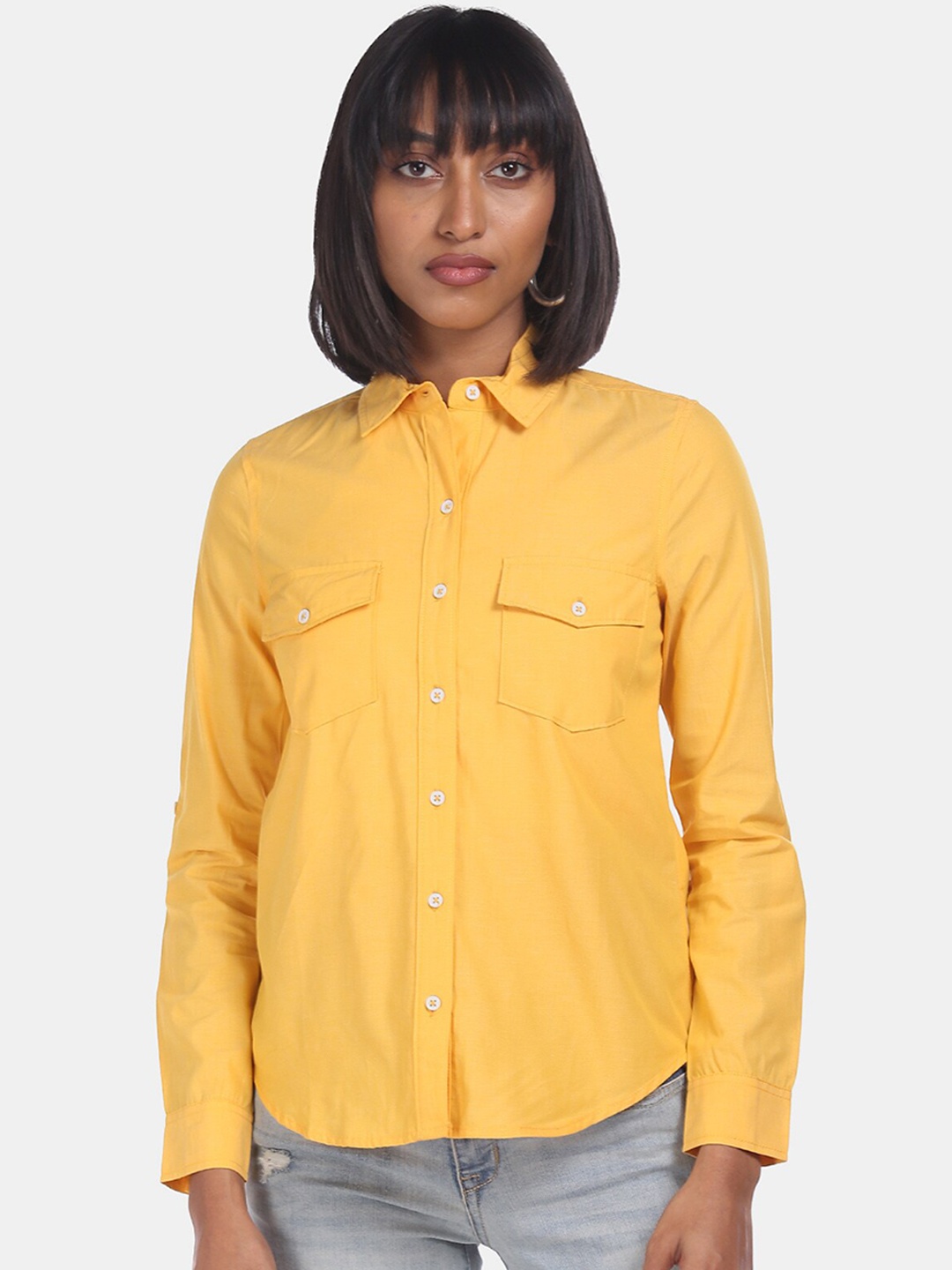 Aeropostale Women Yellow Regular Fit Solid Cotton Casual Shirt