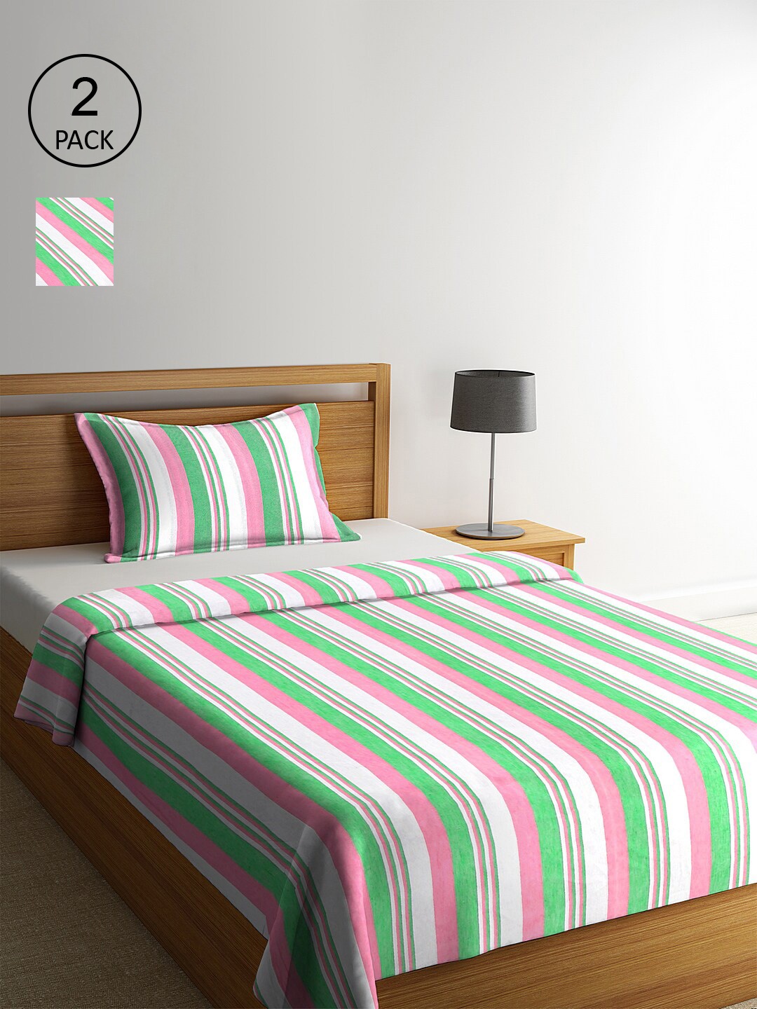 KLOTTHE Set Of 2 Striped Single Bed Covers With 2 Pillow Covers, Green