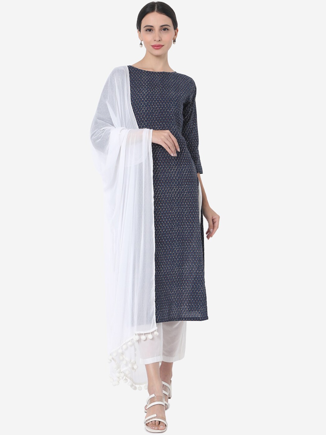 Saanjh Women Navy Blue & White Printed Kurta with Palazzos & Dupatta