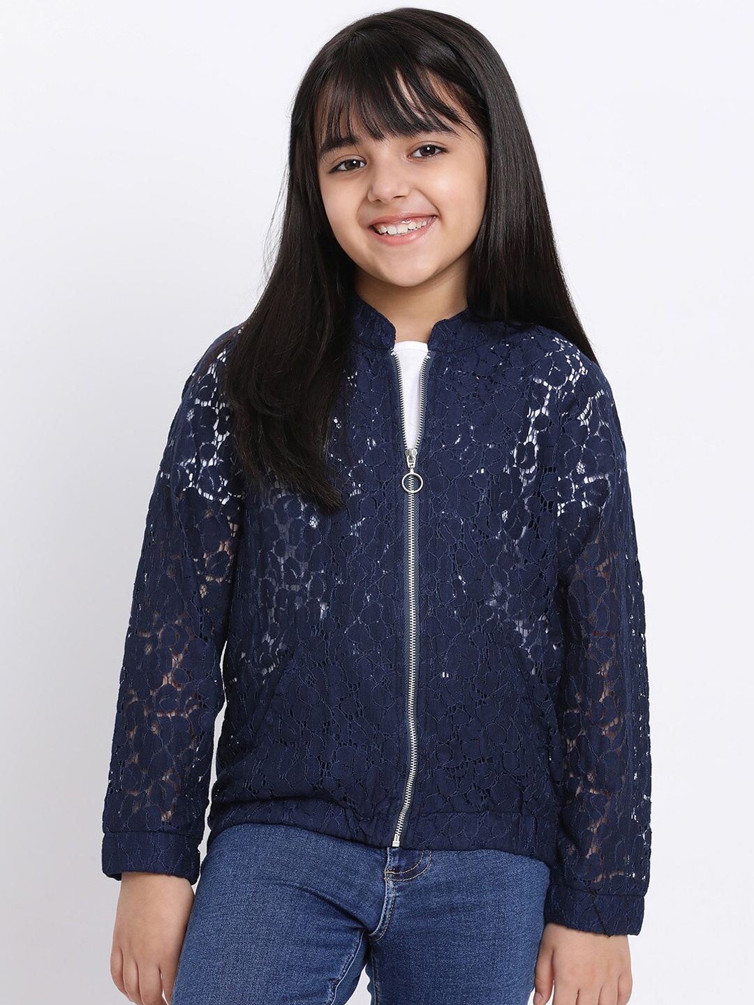 Oxolloxo Girls Navy Blue Printed Open Front Jacket