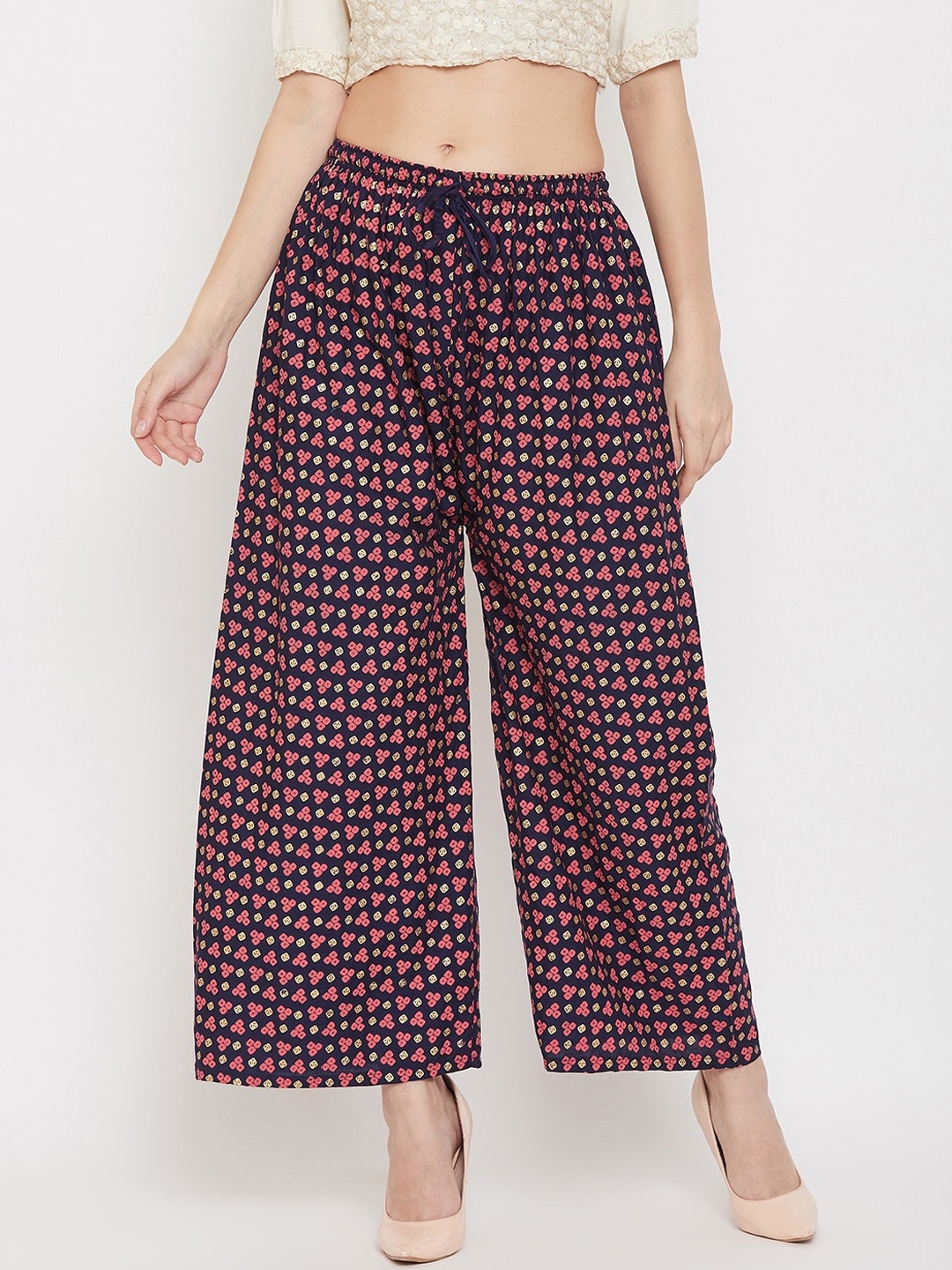 Clora Creation Women Navy Blue & Pink Printed Wide Leg Palazzos