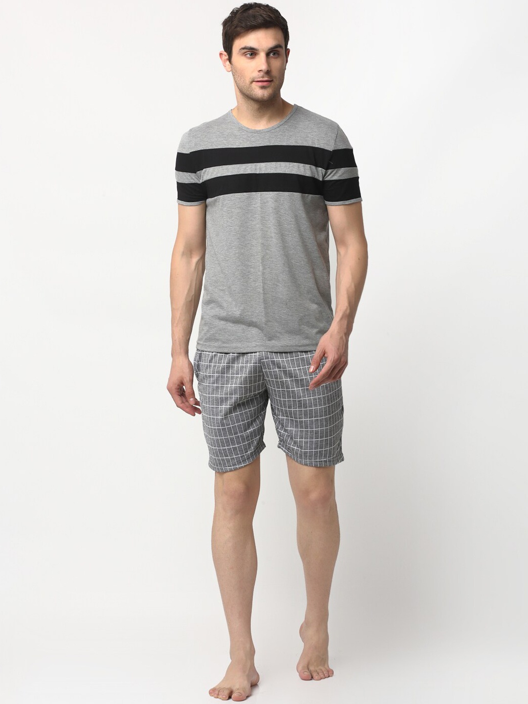 VIMAL JONNEY Men Grey Melange & Black Striped Night Suit