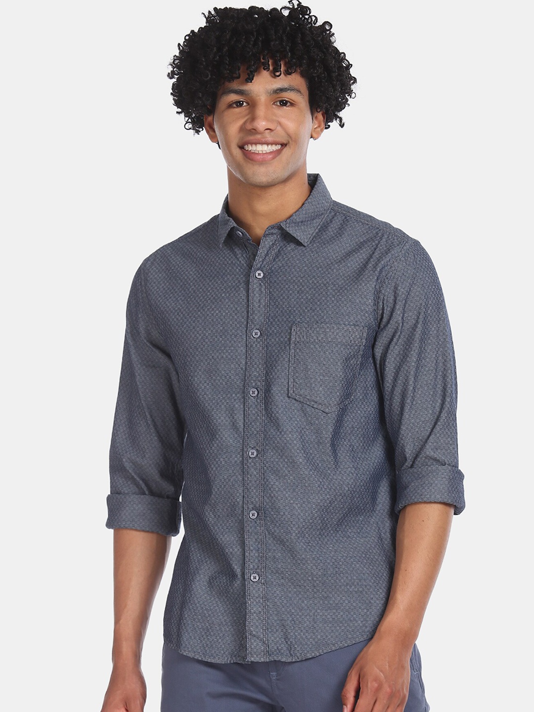Cherokee Men Blue Regular Fit Self Design Casual Cotton Shirt