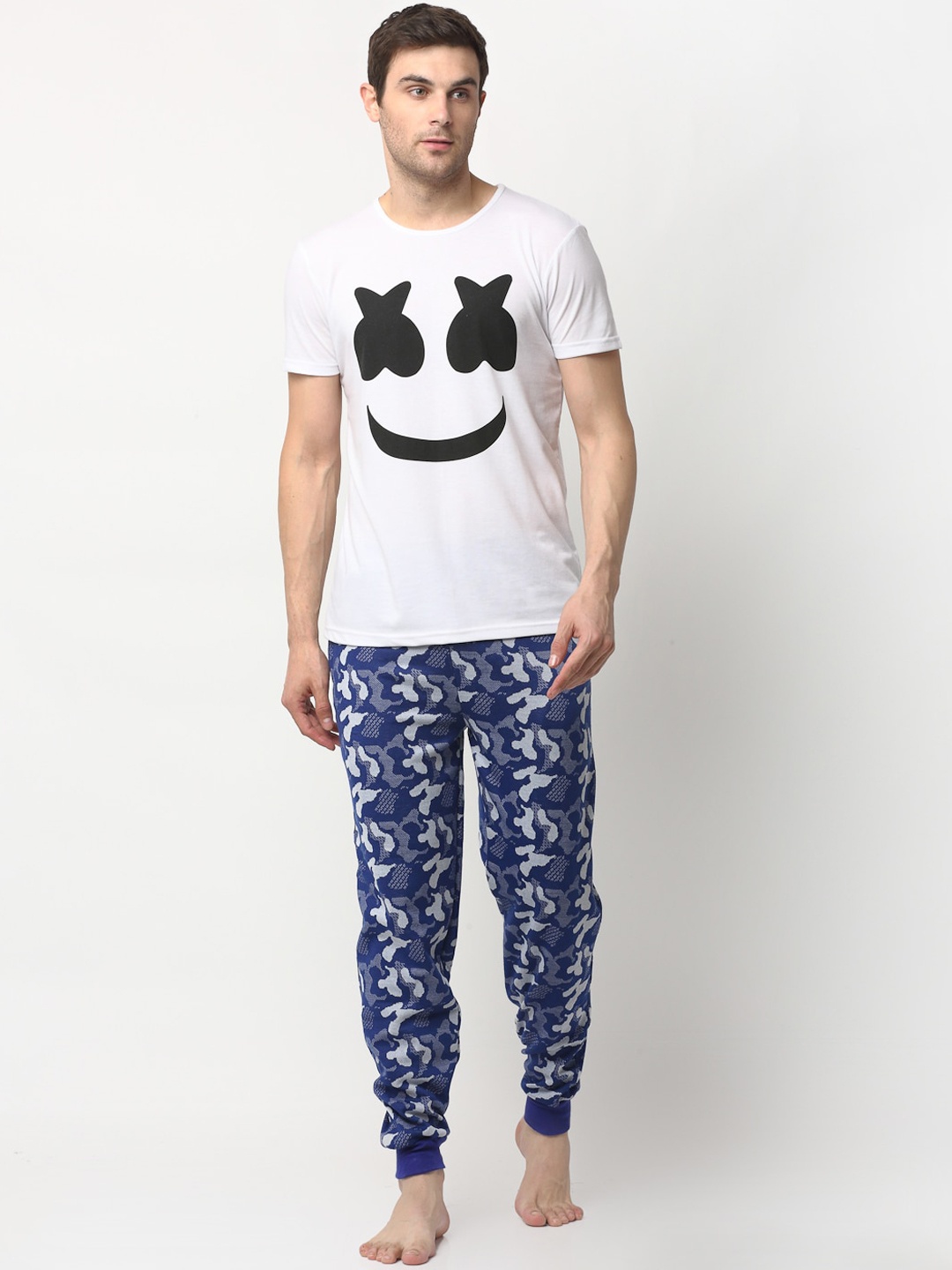 VIMAL JONNEY Men White & Blue Printed Night suit