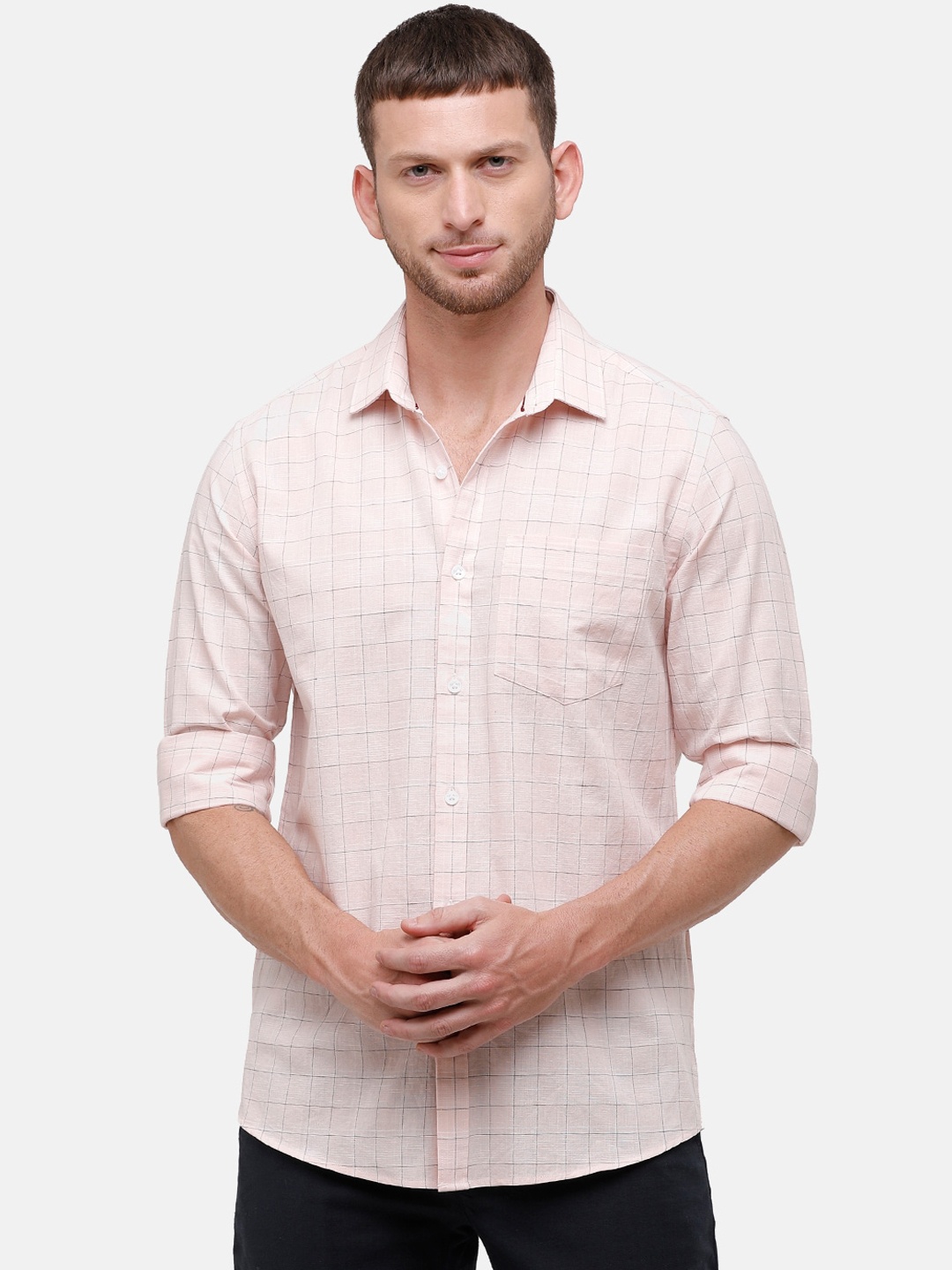 CAVALLO by Linen Club Men Peach-Coloured Regular Fit Checked Casual Shirt