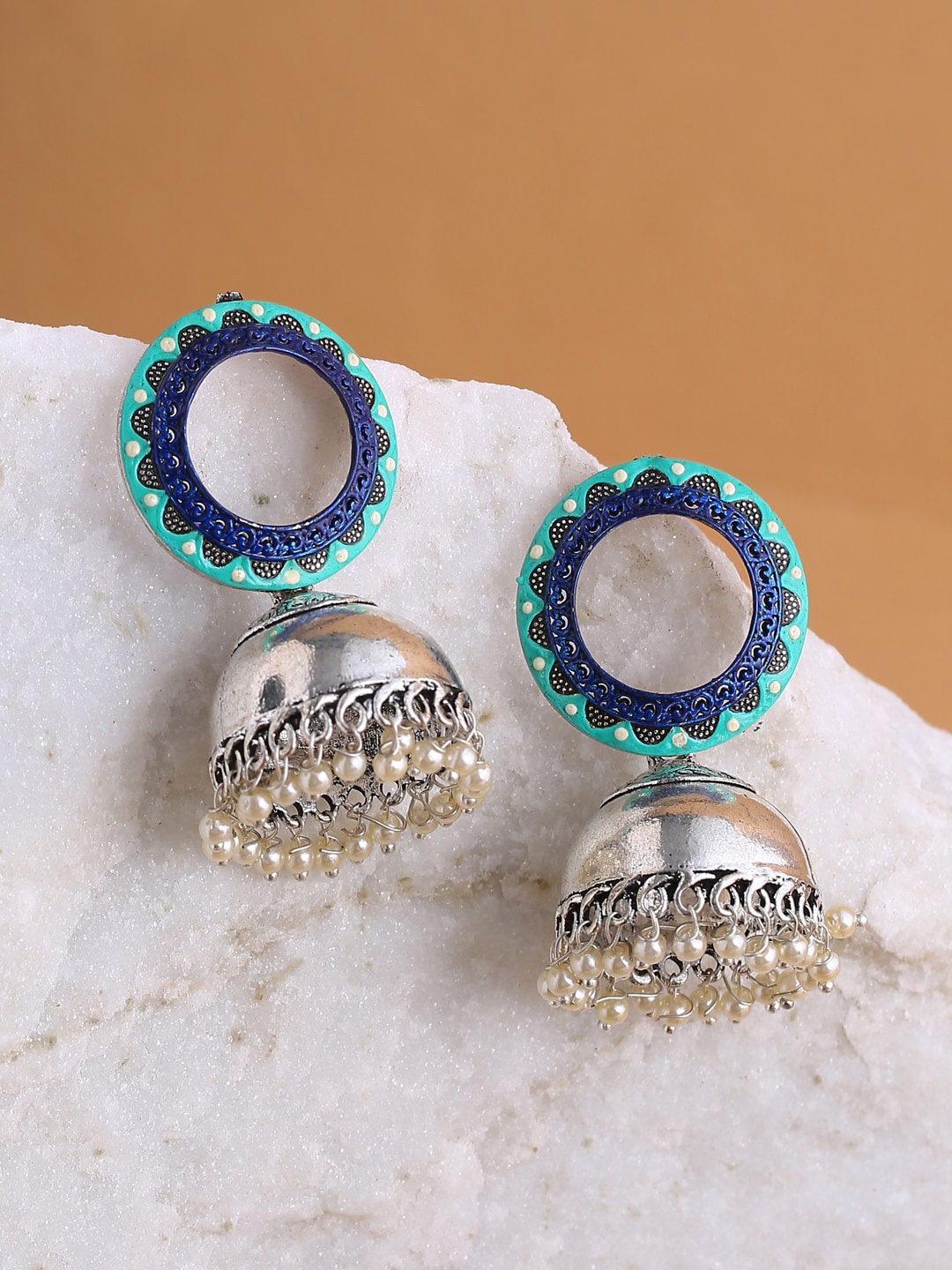Shoshaa Silver-Plated Blue Enamelled Dome Shaped Jhumkas Earrings