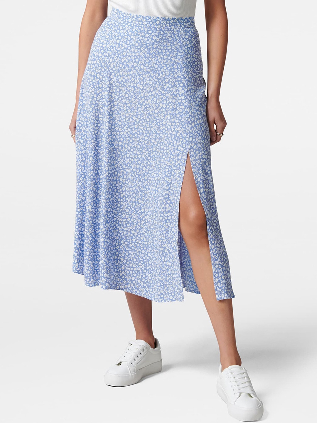 Forever New Blue & White Printed A-Line Midi Skirt