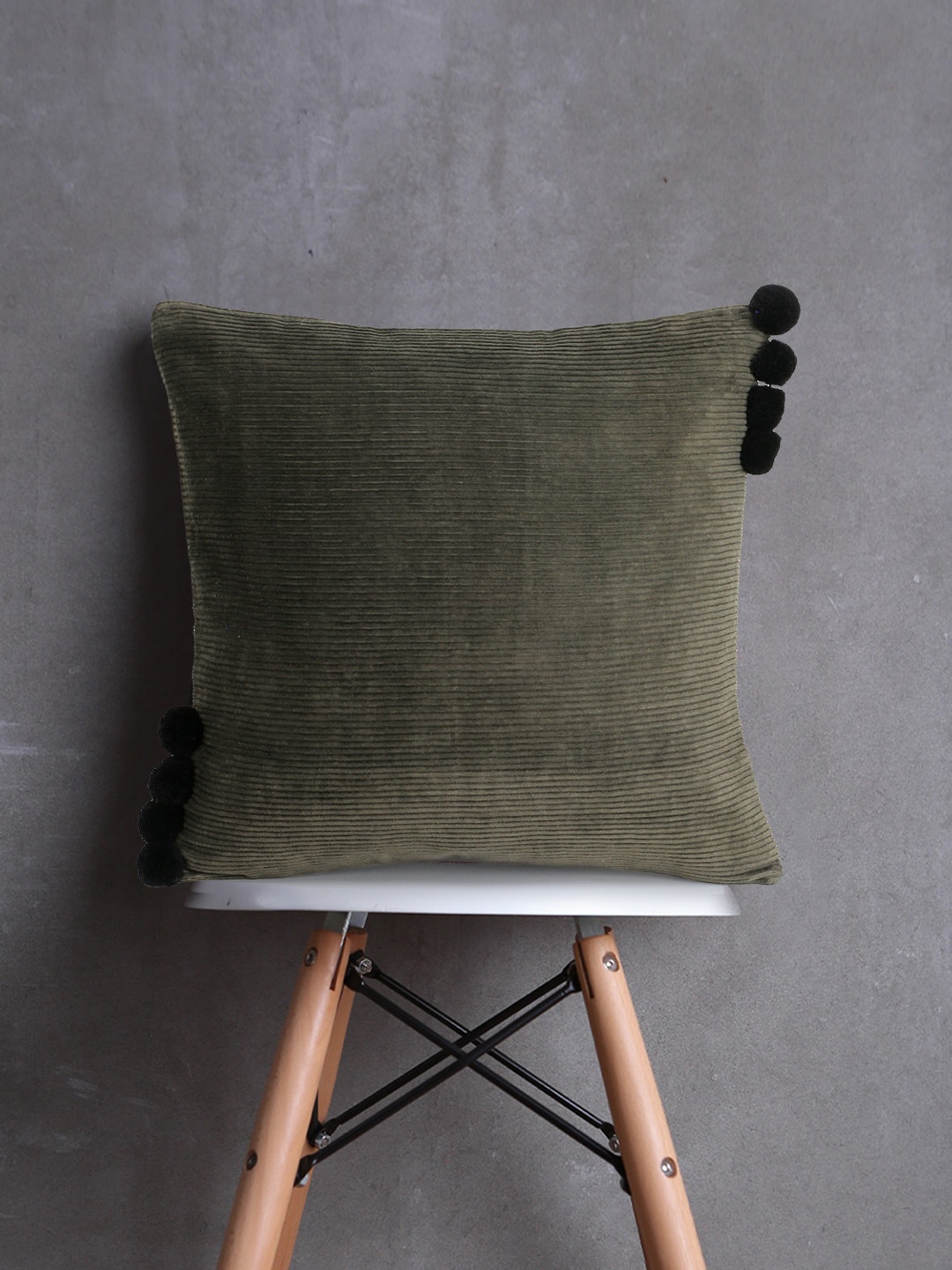 Mezposh Olive Green & Black Set of Single Self Design Square Cushion Covers