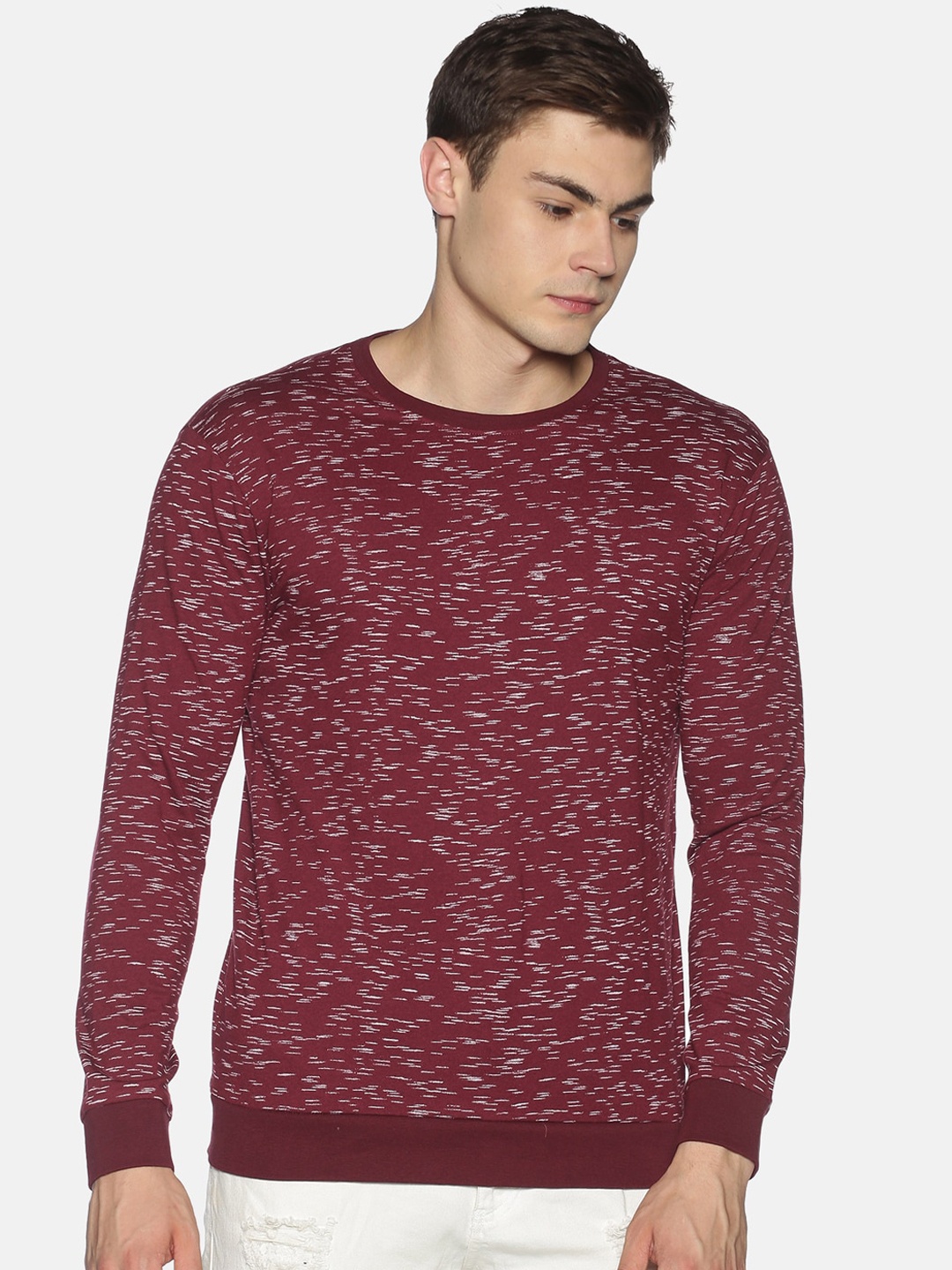 UrGear Men Burgundy Self Design Round Neck T-shirt