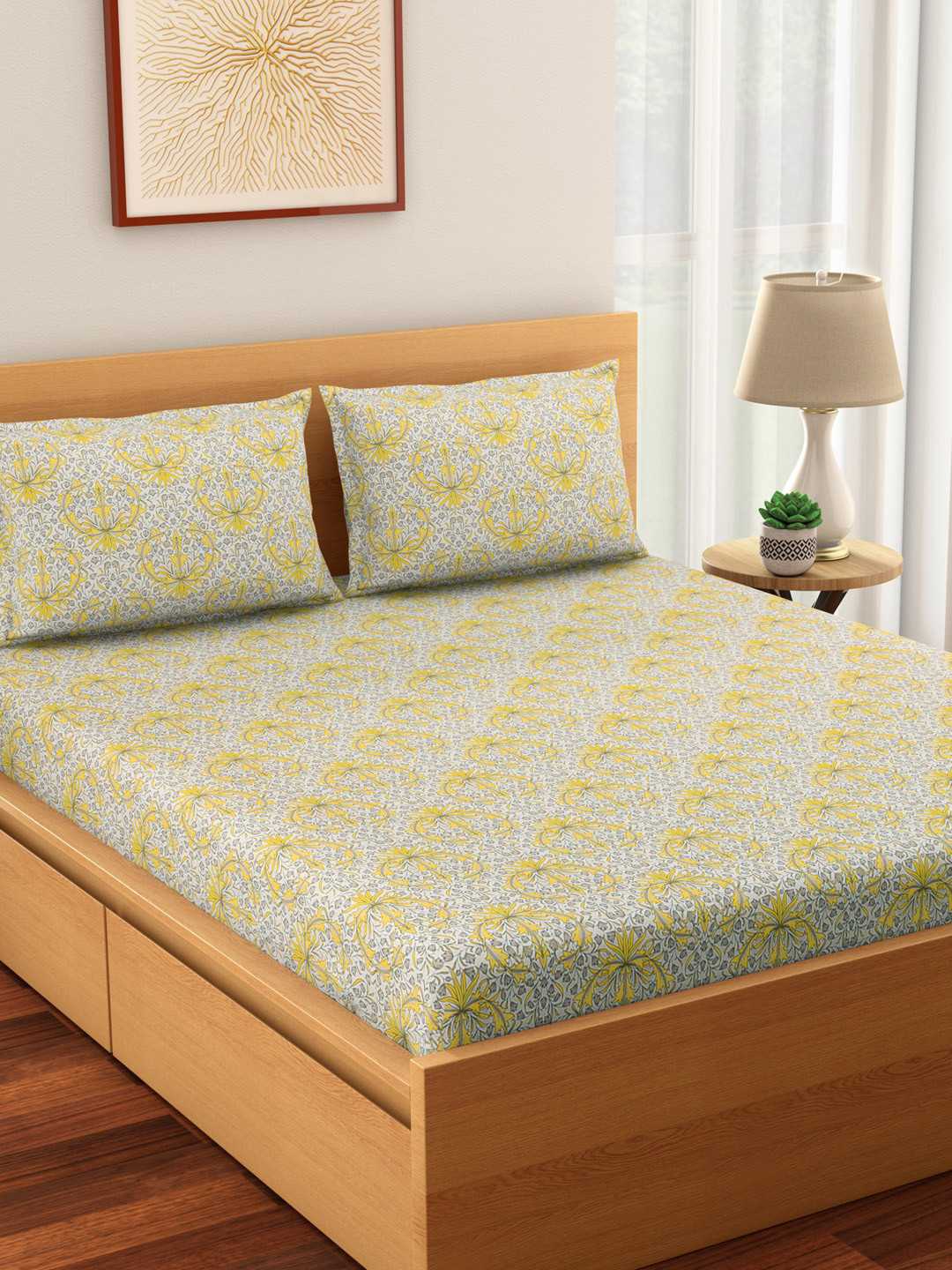 Living scapes by Pantaloons Yellow & Grey Ethnic Motifs 144 TC Cotton 1 King Bedsheet with 2 Pillow Covers
Living scapes by Pantaloons Yellow & Grey Ethnic Motifs 144 TC Cotton 1 King Bedsheet with 2 Pillow Covers