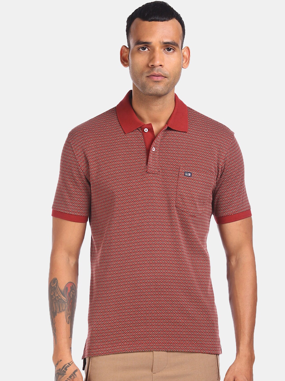 Arrow Sport Men Red Striped Polo Collar Cotton Pure Cotton T-shirt