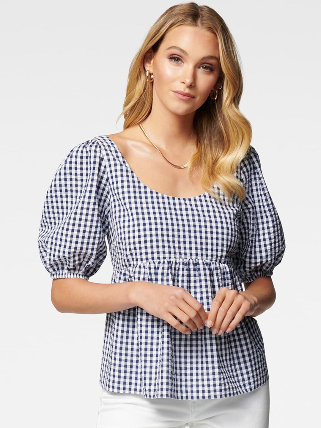 Forever New Navy Blue Checked Puff Sleeves Regular Top