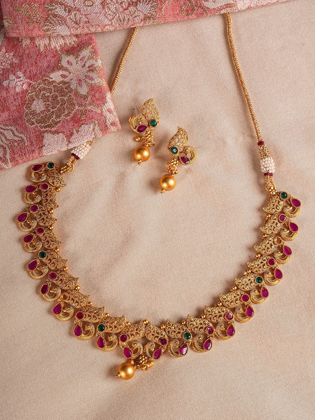 Shoshaa Gold-Plated Pink & Green Stone-Studded Handcrafted Temple Jewellery Set