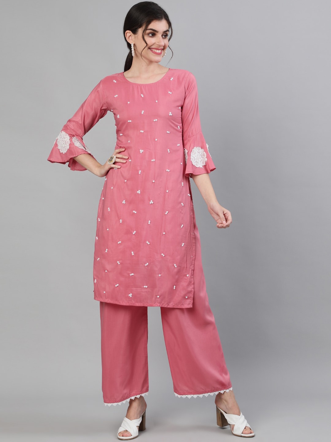 Ishin Women Pink & Off-White Embellished Kurta with Palazzos