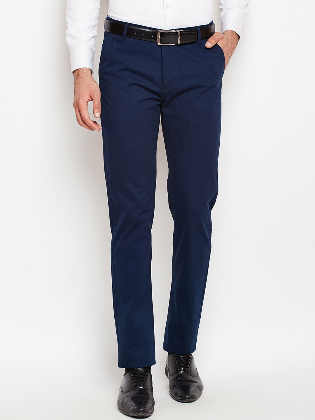 Hancock Men Navy Blue Slim Fit Solid Chinos