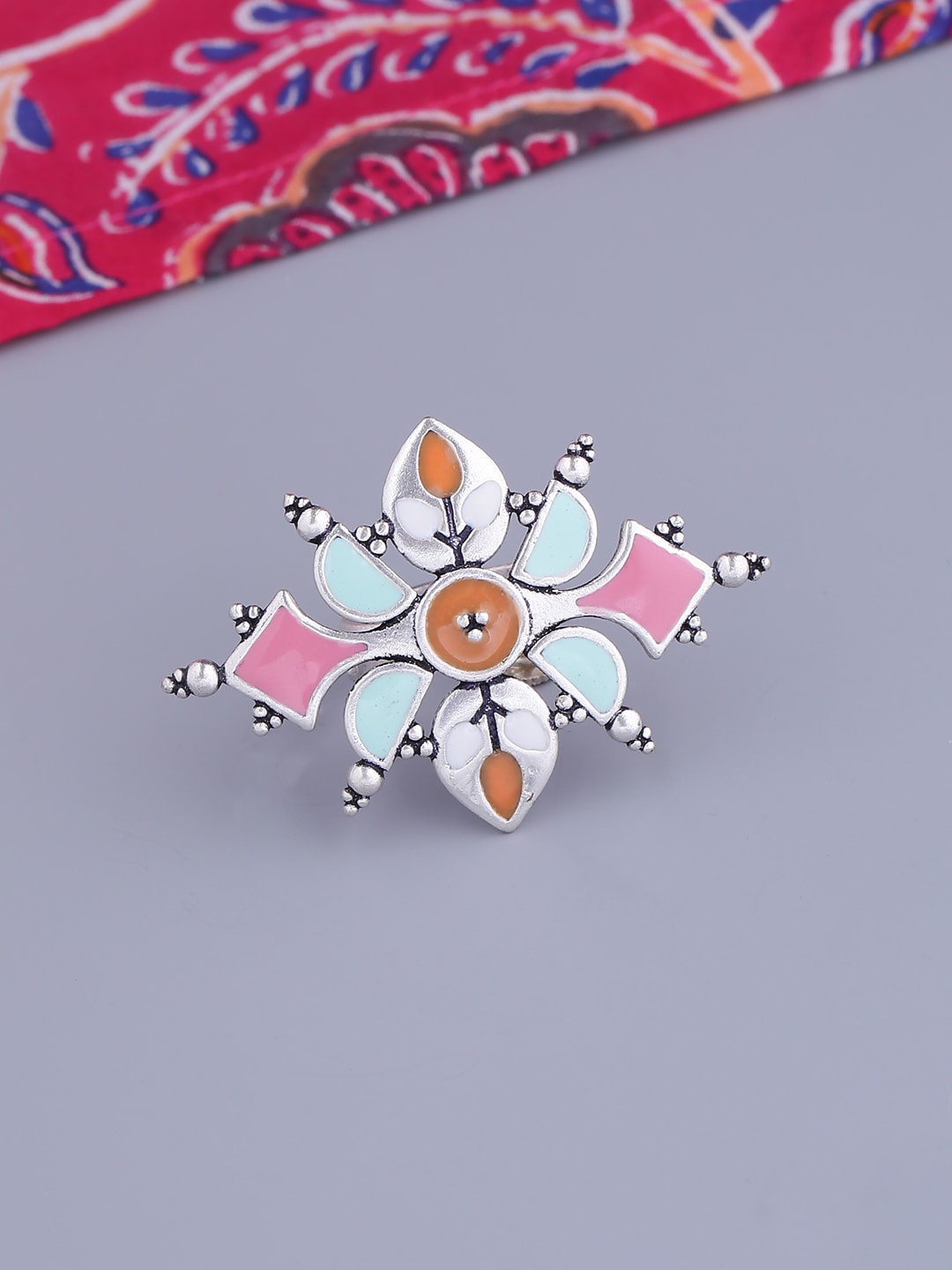 Voylla Silver-Plated Orange & Blue Enamelled Adjustable Finger Ring