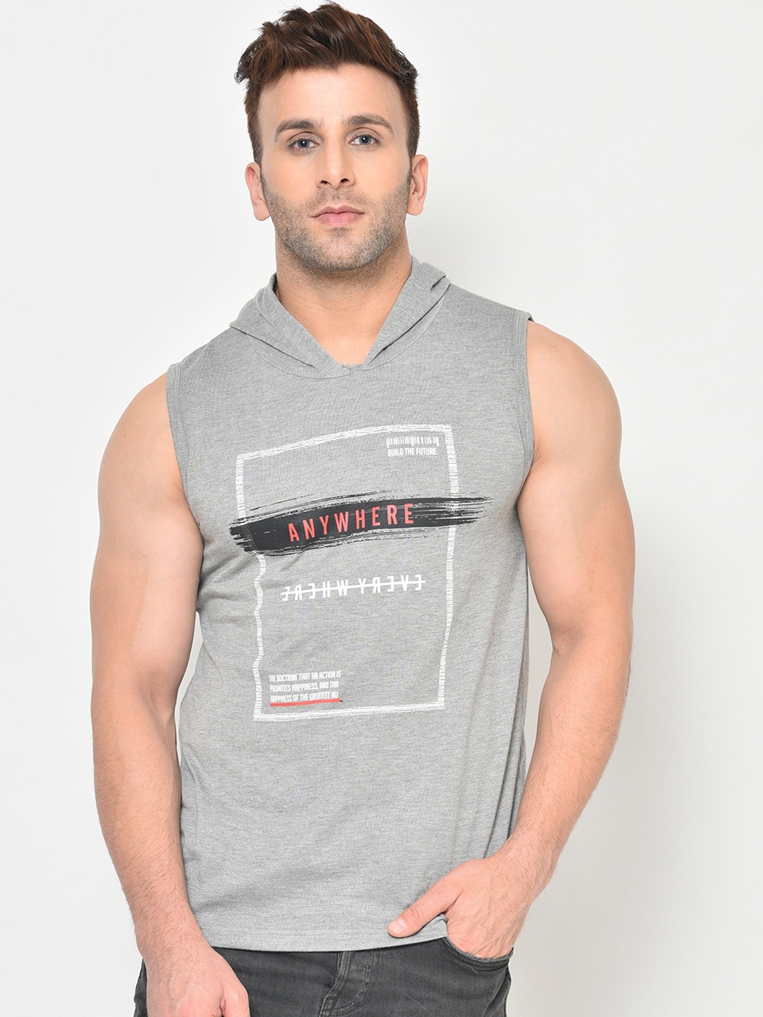 CHKOKKO Men Grey Printed Hood T-shirt
