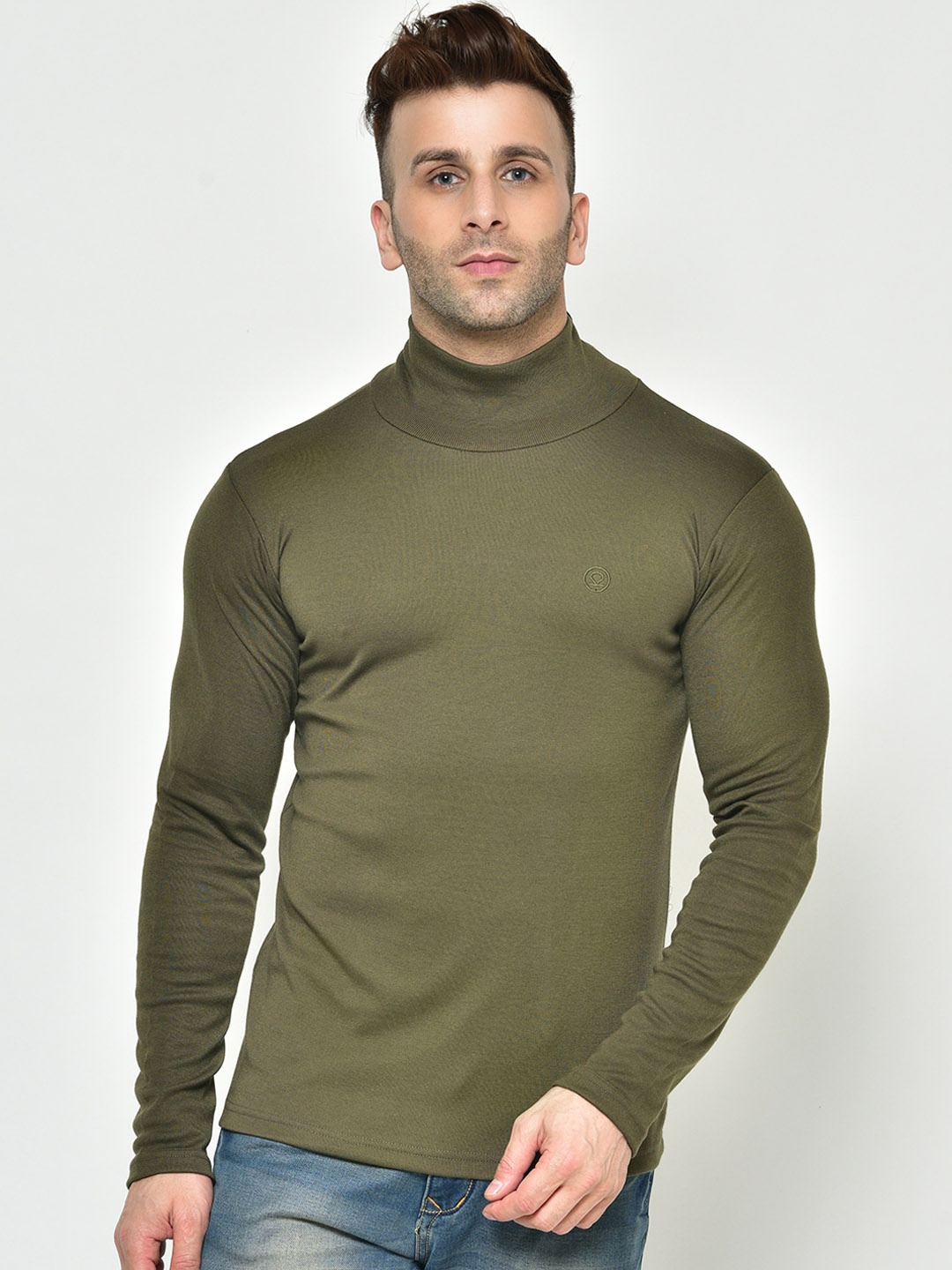CHKOKKO Men Olive Green Solid Turtle Neck T-shirt