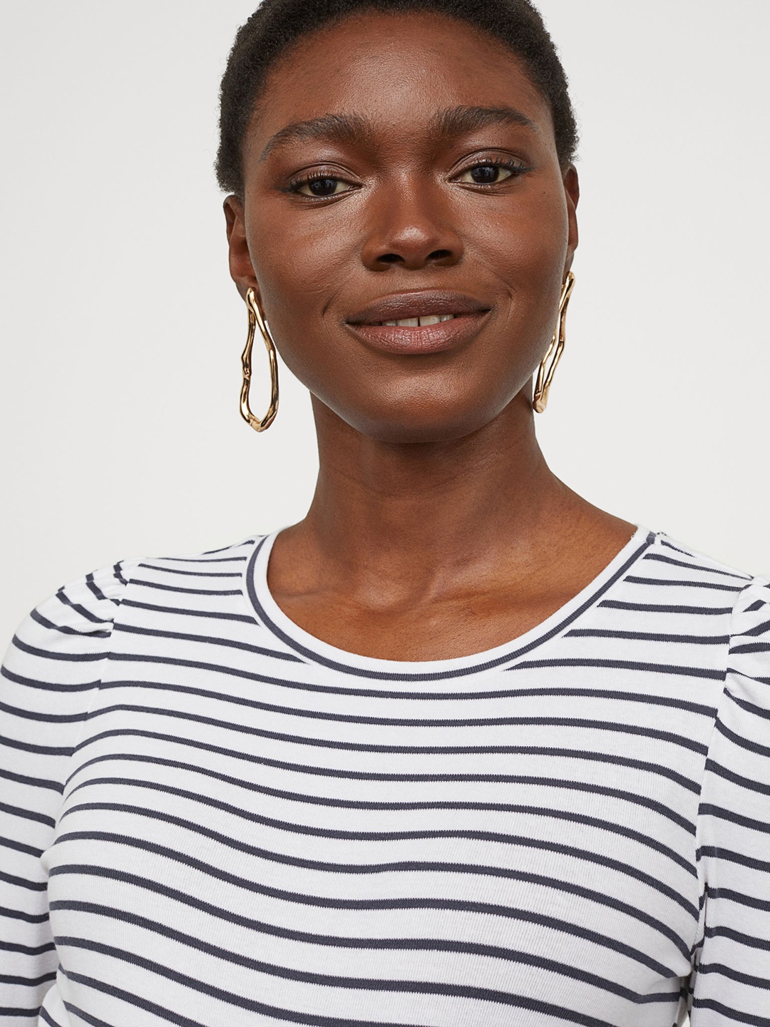 H&M Women MAMA White & Navy Blue Puff-Sleeved Sustainable Top