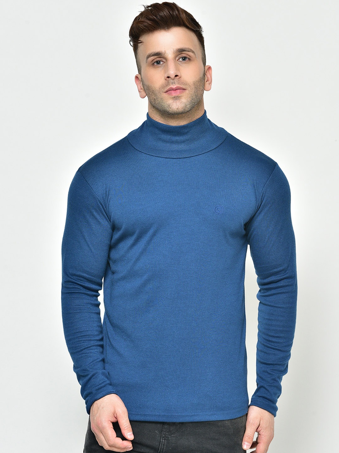 CHKOKKO Men Blue Solid High Neck T-shirt