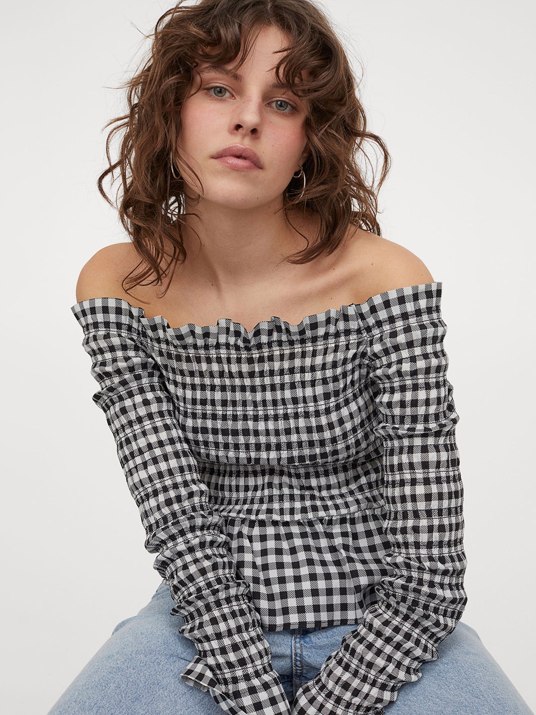 H&M Women White & Black Checked Off-the-shoulder top