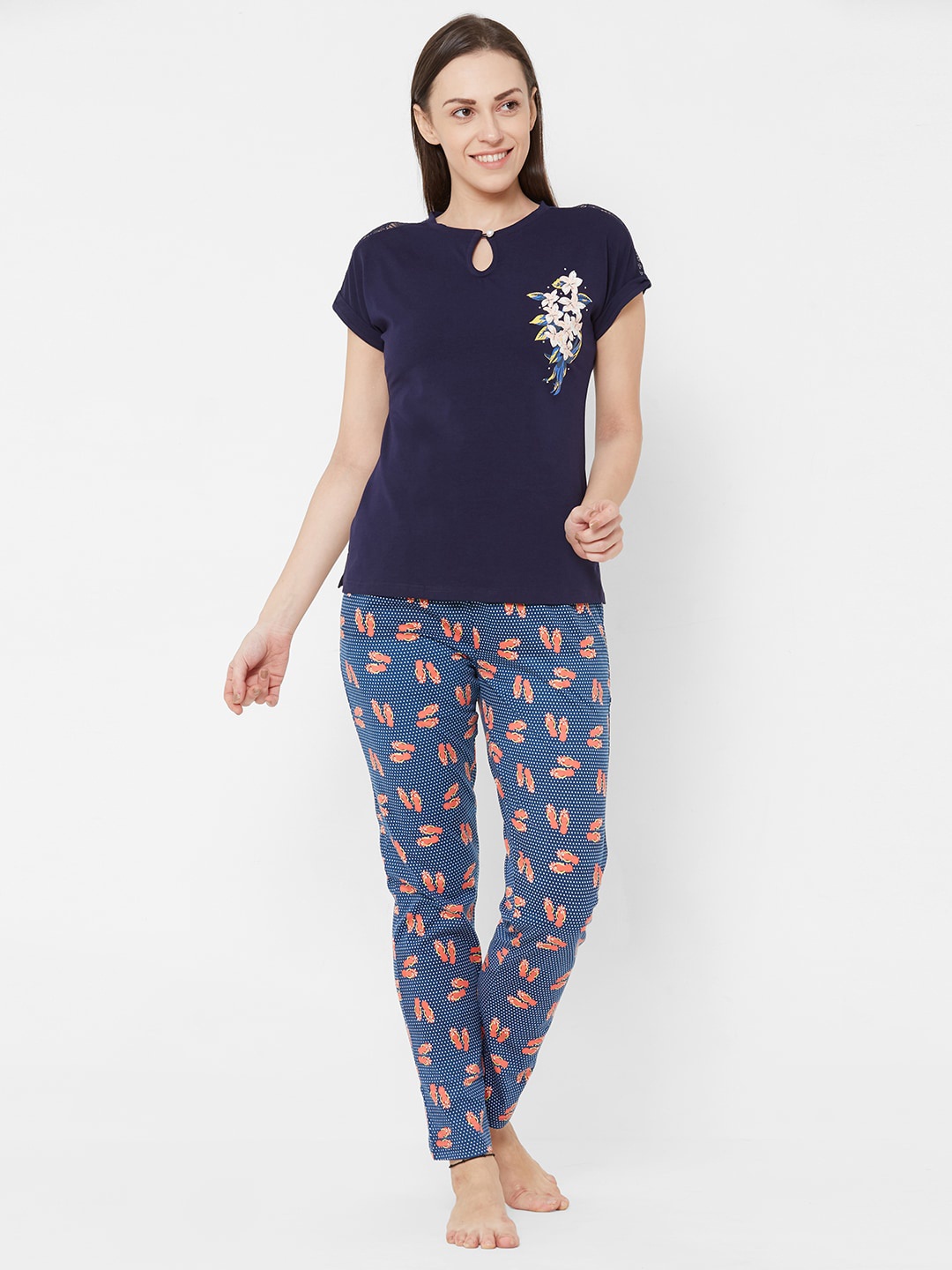 Sweet Dreams Women Navy Blue & White Night suit