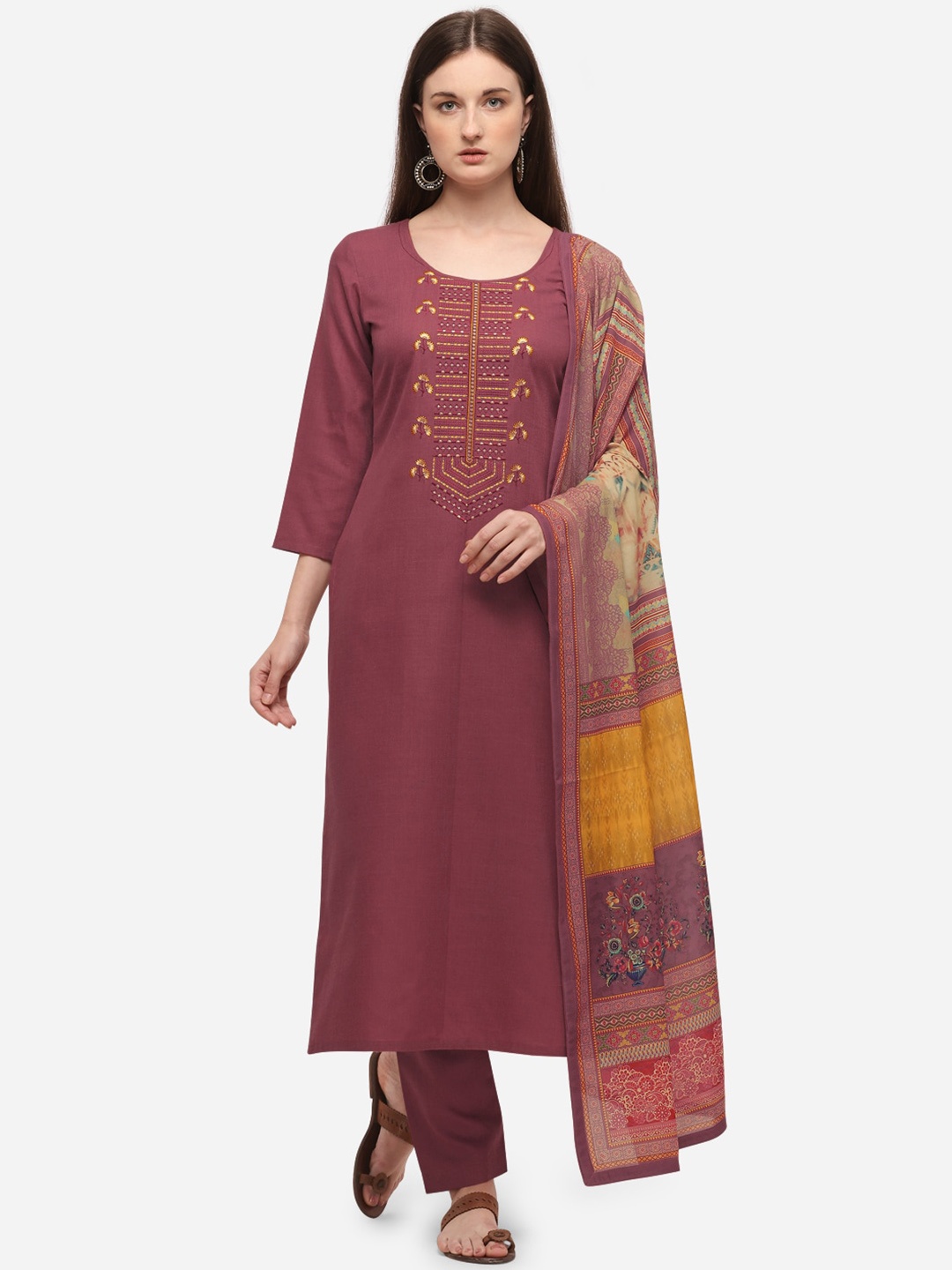 SheWill Mauve & Red Cotton Blend Unstitched Dress Material